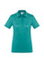 A teal women's short sleeve polo shirt with a collar, featuring a logo on the chest.