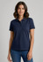 A navy blue women's short sleeve polo shirt with a collar and three buttons, featuring a logo.