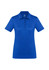 A blue women's polo shirt with short sleeves and a collared neck, featuring a logo on the chest area.