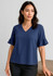 A navy blue women's blouse featuring fluted sleeves and a V-neck design, displayed on a model against a neutral background.