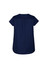 A women's navy blue V-neck pleat blouse with short sleeves and a pleated back detail. It features a branding logo.