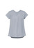 A light blue women's V-neck pleat blouse with short sleeves and a flowy design. It features a branding logo.