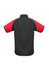 A short sleeve button-up shirt featuring a black body and red sleeves, with contrasting piping and a logo.
