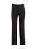 A pair of black slacks featuring a straight-leg design and a waistband with loops for a belt.