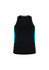 A black singlet with teal side panels and a logo on the hem. Designed for women's activewear.