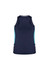 A dark navy singlet featuring light blue side panels and a fitted design. The garment has a small logo.