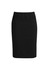 A knee-length women's skirt in black with a fitted design and a waistband. It features a branding logo.
