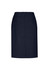 A knee-length women's skirt in navy blue with a central back zipper and a fitted silhouette.