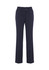 A pair of navy slacks with a straight leg design and two front buttons, featuring a logo on the waistband.