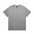 A plain grey t-shirt with short sleeves and a tag at the neckline. It features a simple design and has a logo.
