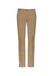 Tan women's chino pants with a slim fit, featuring a button closure and pockets. Includes branding on the waistband.