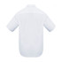 A white short sleeve button-up shirt featuring a back yoke and a logo.