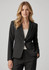 A black women's blazer with a fitted silhouette, featuring a single button and a minimalist design.