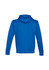 A blue hoodie with a soft fabric and a hood, featuring a logo on the back.