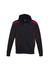A black hoodie with red accents, featuring a front zip and pockets, and has a logo on the chest.