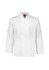 A white long sleeve chef jacket featuring a collar and a logo on the chest. Suitable for culinary uniforms.