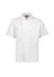 A white short sleeve chef jacket with a stand collar and a logo on the sleeve.