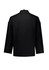 A black long sleeve chef jacket featuring a classic design and a logo on the back. Suitable for culinary uniforms.