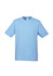 A light blue short sleeve tee shirt with a round neckline and a logo. Ideal for casual wear.