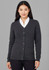 A women's dark grey button-front knit cardigan with two front pockets and a V-neckline.