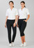 Two women are wearing women's 3/4 length stretch pants in black, paired with white shirts. The pants feature pockets.