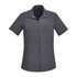 A grey short sleeve women's shirt with a collared neckline and a front pocket, featuring a logo.