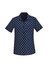 A short sleeve, button-up shirt featuring a navy background with a white daisy print pattern.