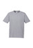 A grey short sleeve t-shirt with a round neckline and a basic design, featuring a logo on the label.