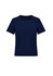 A navy women's short sleeve jersey top with a simple design and a rounded neckline. It features a branding logo.