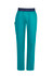 Teal women's straight leg scrub pants with a navy waistband and side pocket, featuring a logo.
