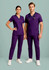 Purple straight leg scrub pants for men, paired with matching scrub tops. Models wearing a stethoscope.