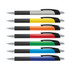 A collection of plastic pens with coloured barrels in grey, yellow, orange, red, green, and blue, featuring rubber grips and black accents.