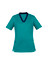 A teal women's scrub top featuring a stylish navy collar and short sleeves, with a logo on the side.