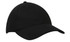 A black cap made of brushed heavy cotton, featuring a curved brim and a logo on the front.