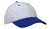 A white cap with a blue peak and blue accents, featuring a logo on the front.