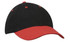A black cap with a red peak and stitching details, featuring a logo on the front.