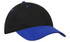 A black cap with a blue peak and stitching, featuring a logo on the front.