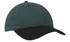 A dark green cap with a black peak and an embroidered logo on the front. 