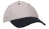 A two-tone cap featuring a beige crown and a black peak. The cap has an adjustable strap and a logo.