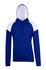 A blue hoodie with white contrast panels, featuring a hood and a front pocket. Includes a logo.