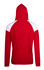 A red hoodie with white contrast panels, featuring a hood and a logo on the rear.