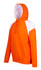 An orange hoodie with white contrast panels and a front pocket, featuring a hood and drawstrings.