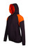 A black hoodie with orange contrast panels, featuring a front pocket and a drawstring hood. Includes a logo.