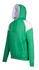 A green men's hoodie with white contrast panels and a front pocket, featuring a hood and drawstrings.