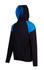 A black hoodie with blue contrast panels and a front pocket, featuring a hood and a logo.