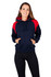 A navy and red hoodie featuring a contrast panel design, with a front kangaroo pocket and a hood.
