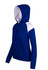 A blue and white women's juniors shoulder contrast panel hoodie with a front pocket and a drawstring hood.