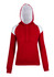 A red hoodie with white contrast panels and a front pocket. Features a drawstring hood. Includes a logo.