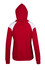 A red hoodie featuring white contrast panels on the shoulders and a hood. Includes a logo on the garment.