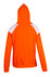 An orange hoodie featuring white contrast panels on the shoulders and a hood.